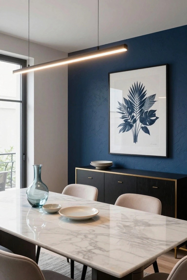 Contemporary dining room with white marble table, beige chairs, glass vase and plates on table, black sideboard with gold accents, navy wall with large framed leaf artwork, slim linear white LED pendant light overhead, and window to balcony.