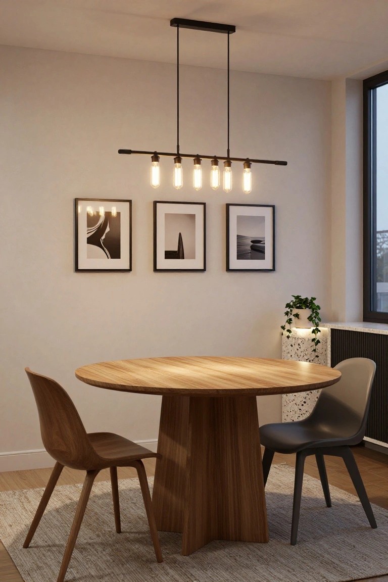 A modern apartment dining area with a round wooden table and two chairs under a black linear pendant light featuring six exposed bulbs, three black-framed photos on a beige wall, a potted ivy plant in a white terrazzo pot, and a large window with gray slatted radiator below.