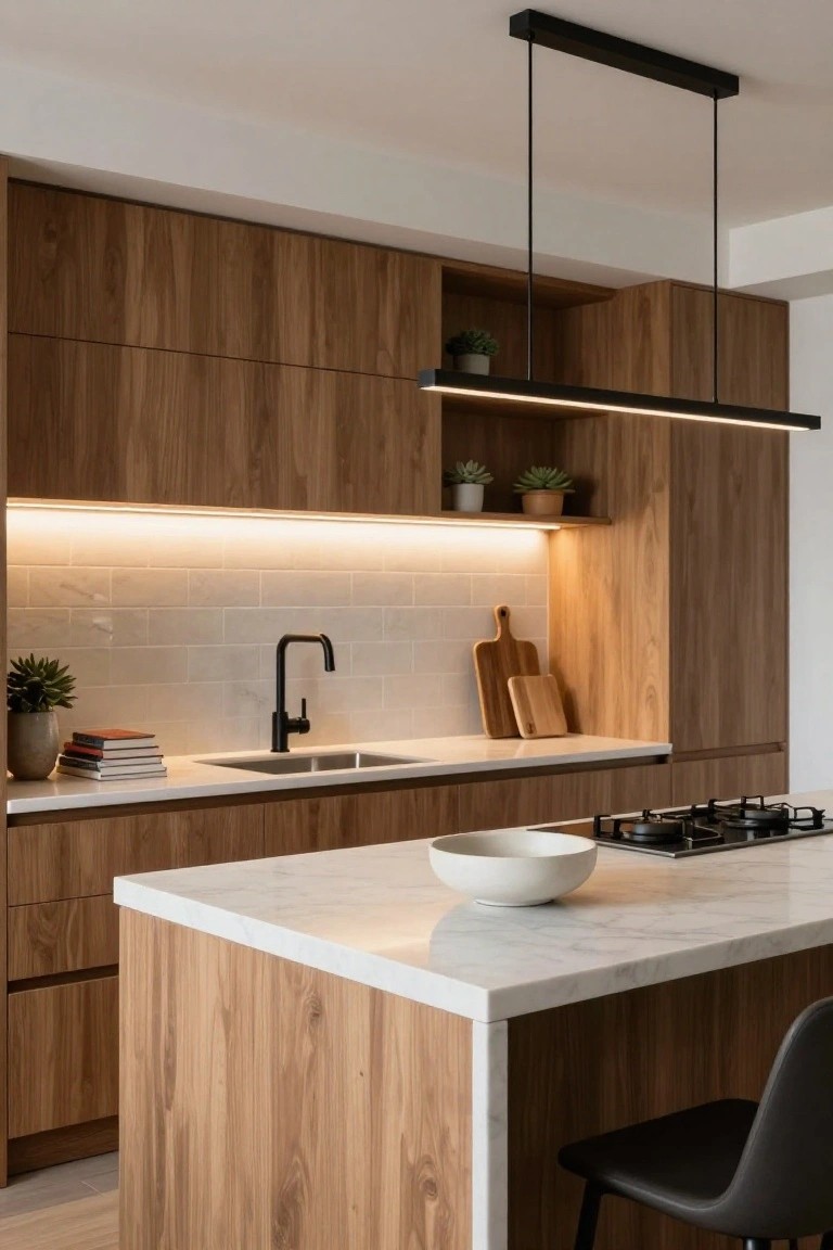 Modern kitchen interior with warm wood cabinets, white subway tile backsplash, white marble island and counters, black linear pendant light overhead, gas cooktop, black faucet, plants, and a bar stool.