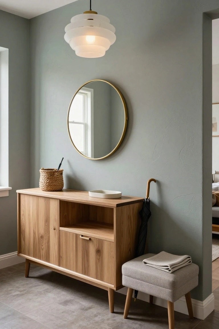 Entryway interior with sage green walls, wooden console table holding a woven basket and white dish, gold round mirror, white layered pendant light overhead, black umbrella, and gray fabric stool on gray tile floor.