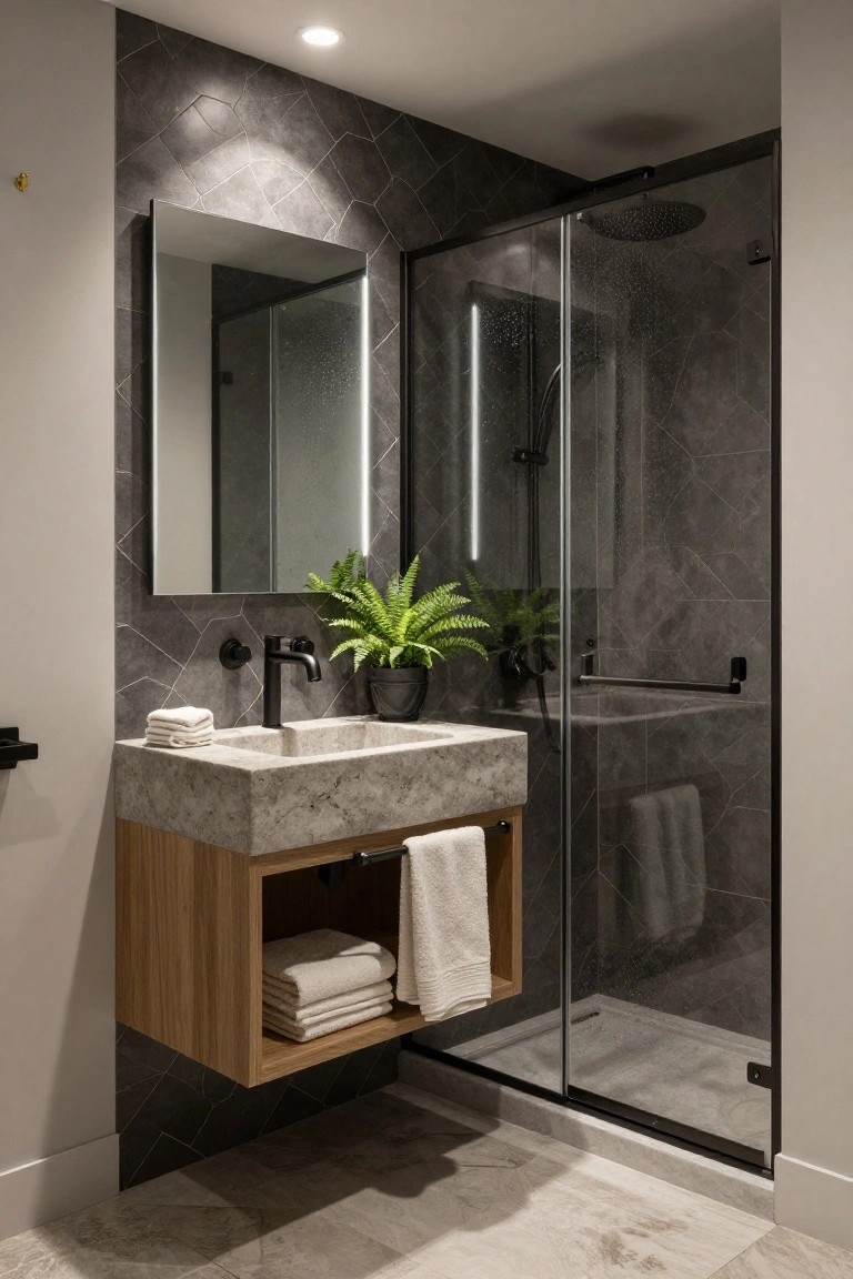 Modern apartment bathroom featuring dark geometric tile walls, floating wooden vanity with towels, concrete sink, black matte fixtures, glass shower enclosure with rain showerhead, backlit mirror, potted fern plant, and recessed ceiling lighting.