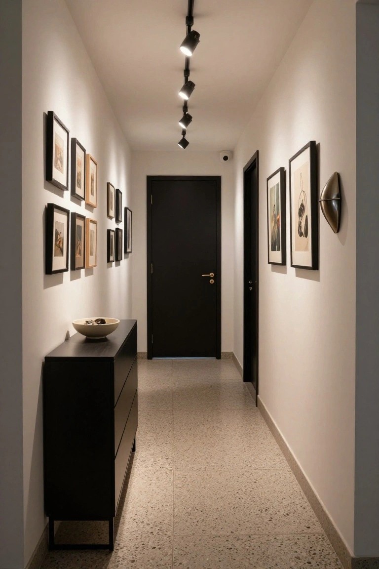 A narrow white interior hallway with a gallery wall of assorted framed black and white artworks on one side, a slim black wooden console dresser topped with a white bowl on the other, a black door ahead, terrazzo flooring, and a track of several black spotlights mounted on the ceiling.