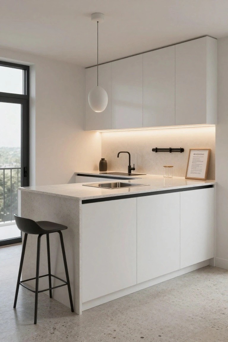 Modern white kitchen in an apartment with an island countertop, black faucet, black bar stools, white orb pendant light, warm under-cabinet LED strip lighting, and a large window with outdoor view.