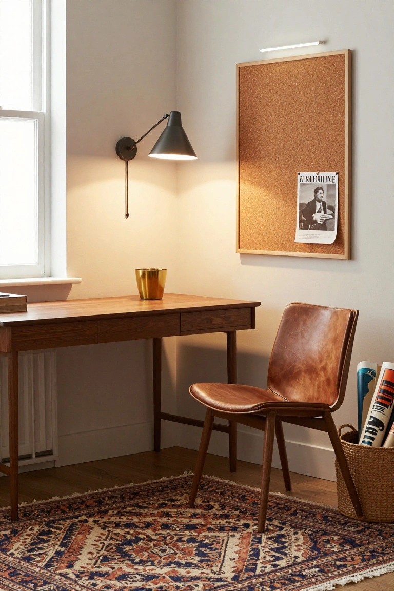 Corner of a home office with a wooden desk holding books and a gold bucket, brown leather chair, adjustable black wall lamp lit up, corkboard with pinned magazine on the wall above, and basket of rolled magazines nearby on hardwood floor with patterned rug.