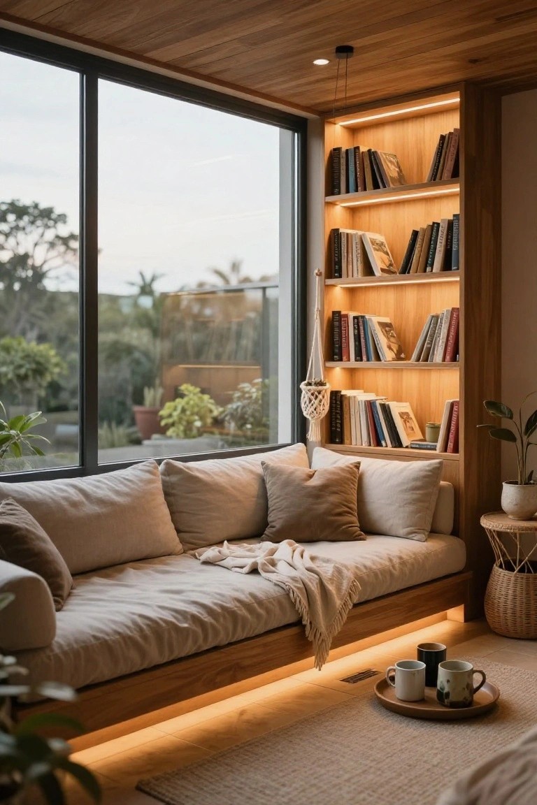 Wooden built-in bookshelves with LED strip lighting along the undersides flank a beige window bench seat with pillows and a throw blanket, next to a large window showing garden views, potted plants, a side table, and a tray with teacups on a light floor.