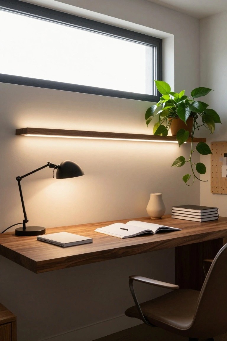 Modern workspace with floating oak desk, open books and notebook on surface, black adjustable desk lamp, beige vase, stack of books, corkboard, potted trailing plant on wooden wall shelf with integrated linear LED strip light below emitting warm glow, leather office chair, large window with black frame.