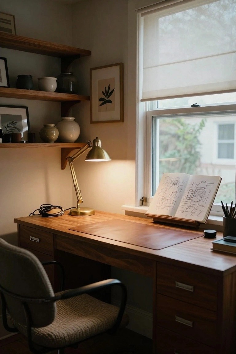 Corner of a home office featuring a wooden desk with leather blotter, brass adjustable desk lamp illuminating an open sketchbook on a wooden stand, shelves with pottery jars and picture frames, and a window covered by sheer roller blinds.