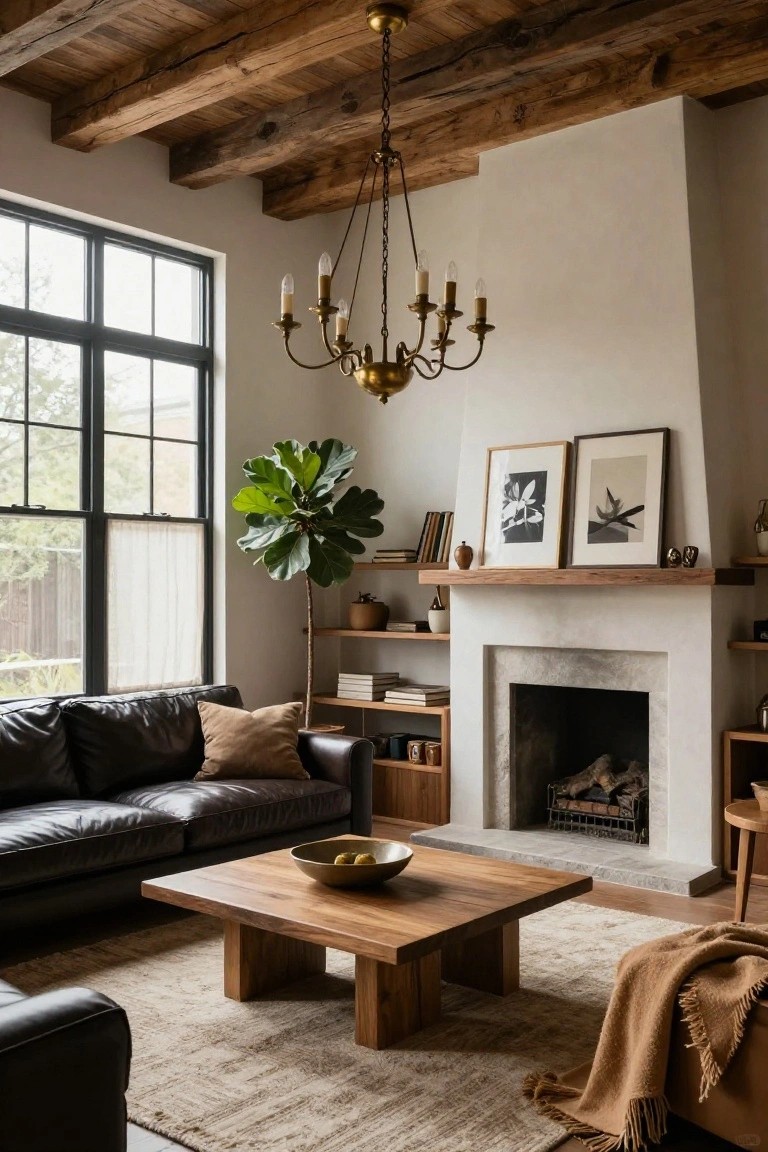 A living room with vaulted ceiling featuring exposed wooden beams, brass seven-arm chandelier hanging centrally, black leather L-shaped sofa, wooden coffee table with bowl of fruit, white fireplace, shelves with art and plants, and large black-framed windows.