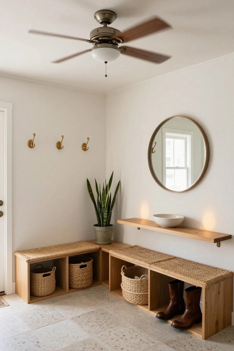 White interior corner entryway with wooden L-shaped benches topped in seagrass cushions and holding woven baskets and brown leather boots, gold hooks on wall, round brass mirror, snake plant in gray pot, oak floating shelf with lit white bowl underneath, ceiling fan with wood blades and white globe light, white walls, and speckled tile floor.