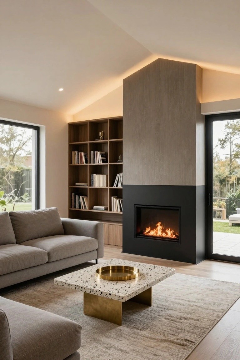 Modern living room with vaulted ceiling featuring recessed edge lighting along sloped lines, wooden bookshelves, black fireplace with flames, gray L-shaped sofa, terrazzo coffee table, and sliding glass doors to backyard garden.