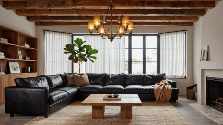A living room with vaulted ceiling featuring exposed wooden beams, brass seven-arm chandelier hanging centrally, black leather L-shaped sofa, wooden coffee table with bowl of fruit, white fireplace, shelves with art and plants, and large black-framed windows.