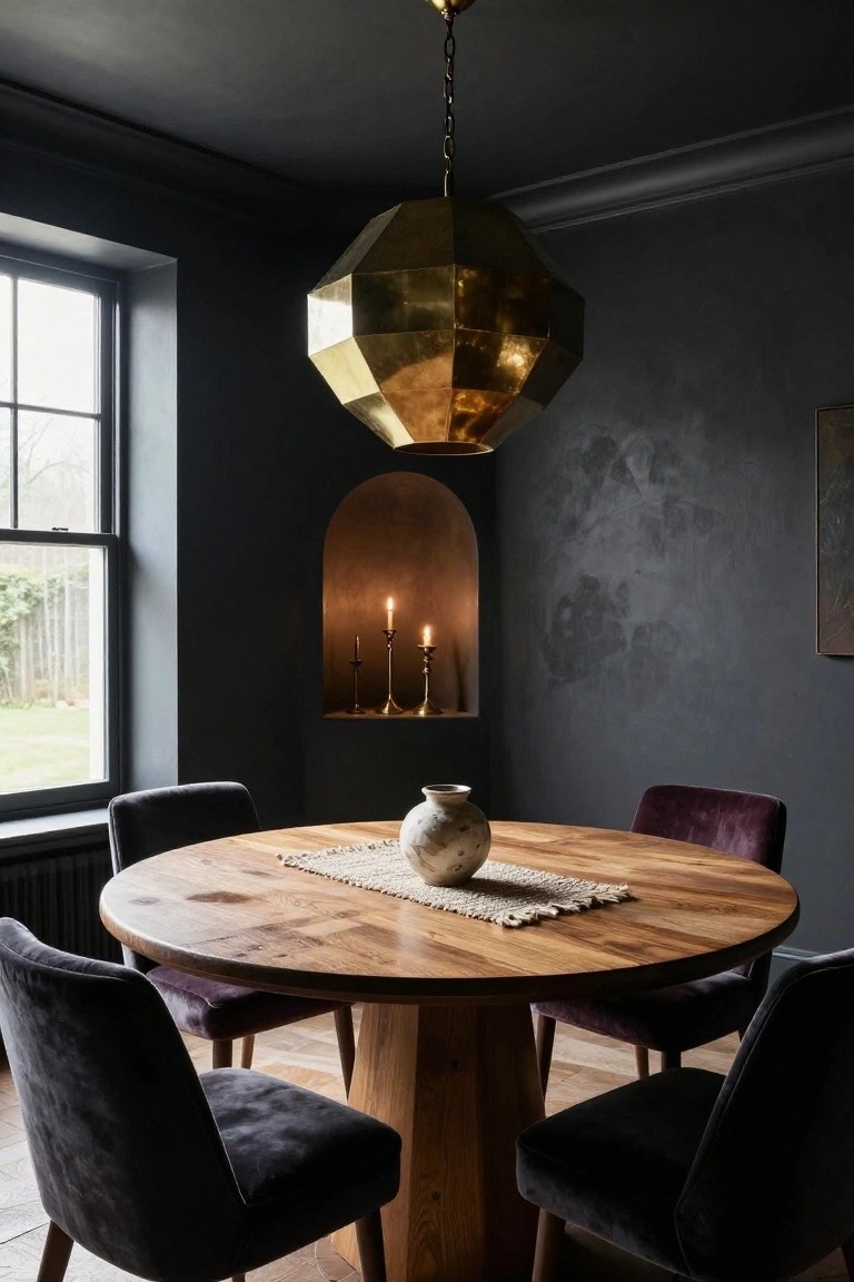 Dark-walled dining room with round wooden table, four purple velvet chairs, large faceted gold pendant light overhead, wall niche holding three lit candles and brass holders, beige vase on table runner, and window showing garden outside.