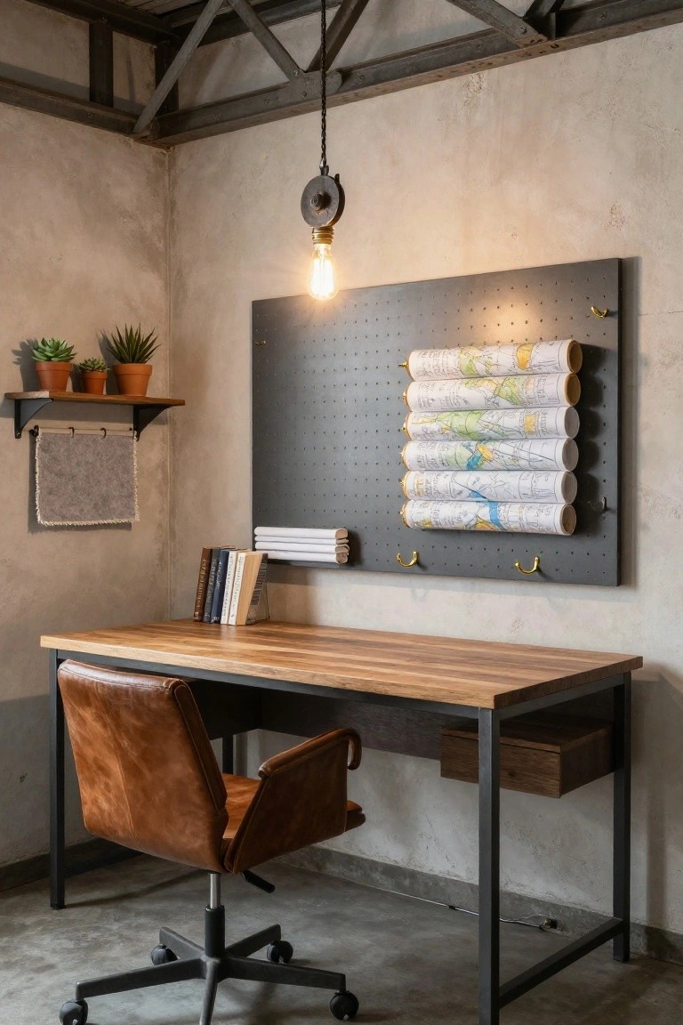Corner workspace in an industrial-style room with wooden desk, leather swivel chair, pegboard wall holding rolled maps and hooks, potted plants on shelves, books stacked nearby, and a chain-hung pendant light with exposed bulb from exposed ceiling beams.