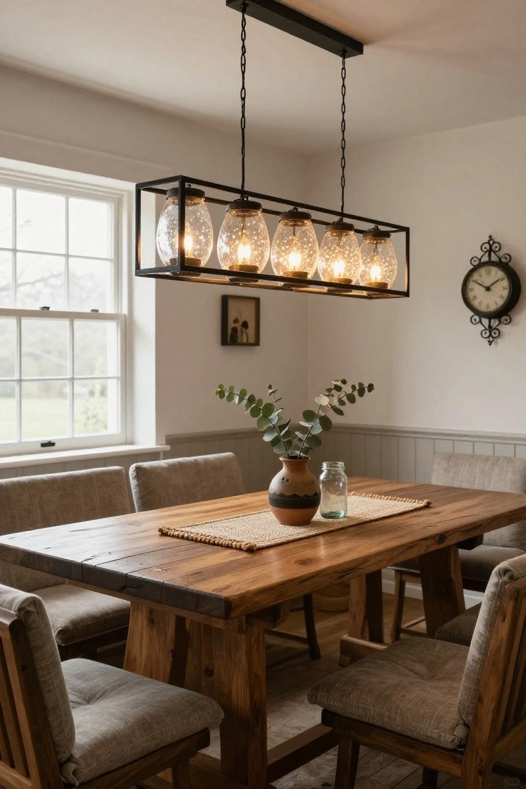 Dining room with rectangular black metal chandelier holding six illuminated glass globe pendants over a wooden table, beige upholstered chairs, eucalyptus in terracotta vase, window, and wall clock.