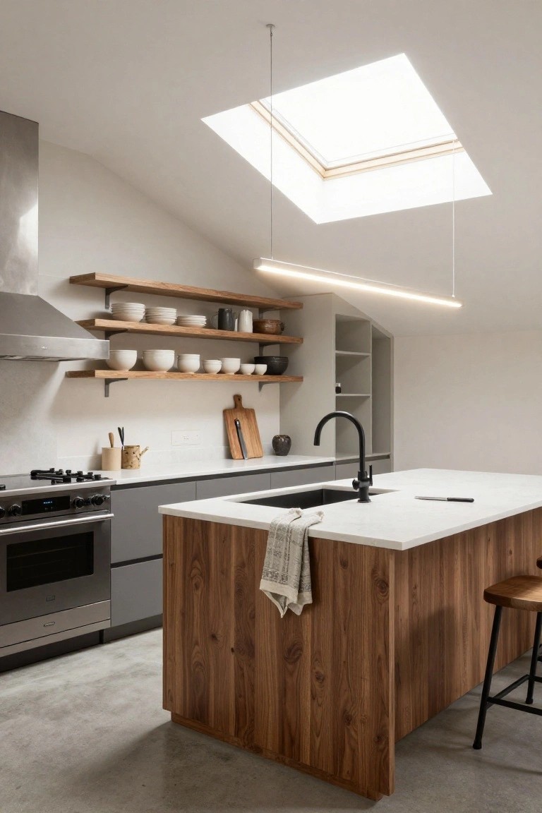 Modern kitchen interior with vaulted white ceiling, large skylight, suspended long linear LED pendant light, wooden island with stools, gray cabinets, open oak shelving with dishes, and concrete floor.