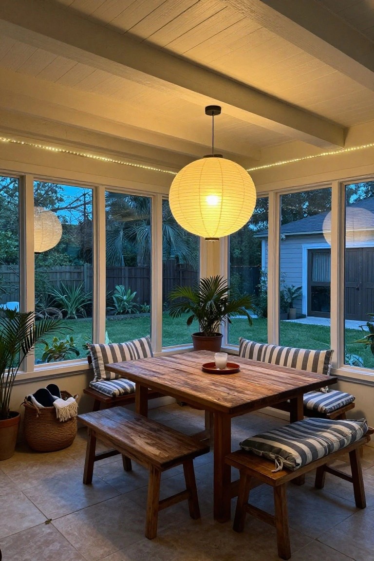 Sunroom with vaulted wooden beam ceiling strung with fairy lights, large central paper lantern and smaller ones hanging, wooden table and benches with striped cushions, potted plants, large windows showing backyard garden and palm trees at dusk