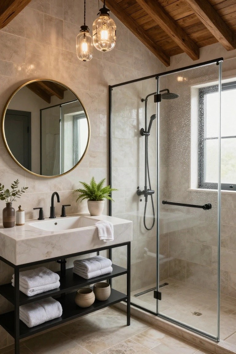 Bathroom with vaulted wooden ceiling and two hanging glass pendant lights over a white undermount sink on a black metal vanity, beside a glass shower enclosure with running water.
