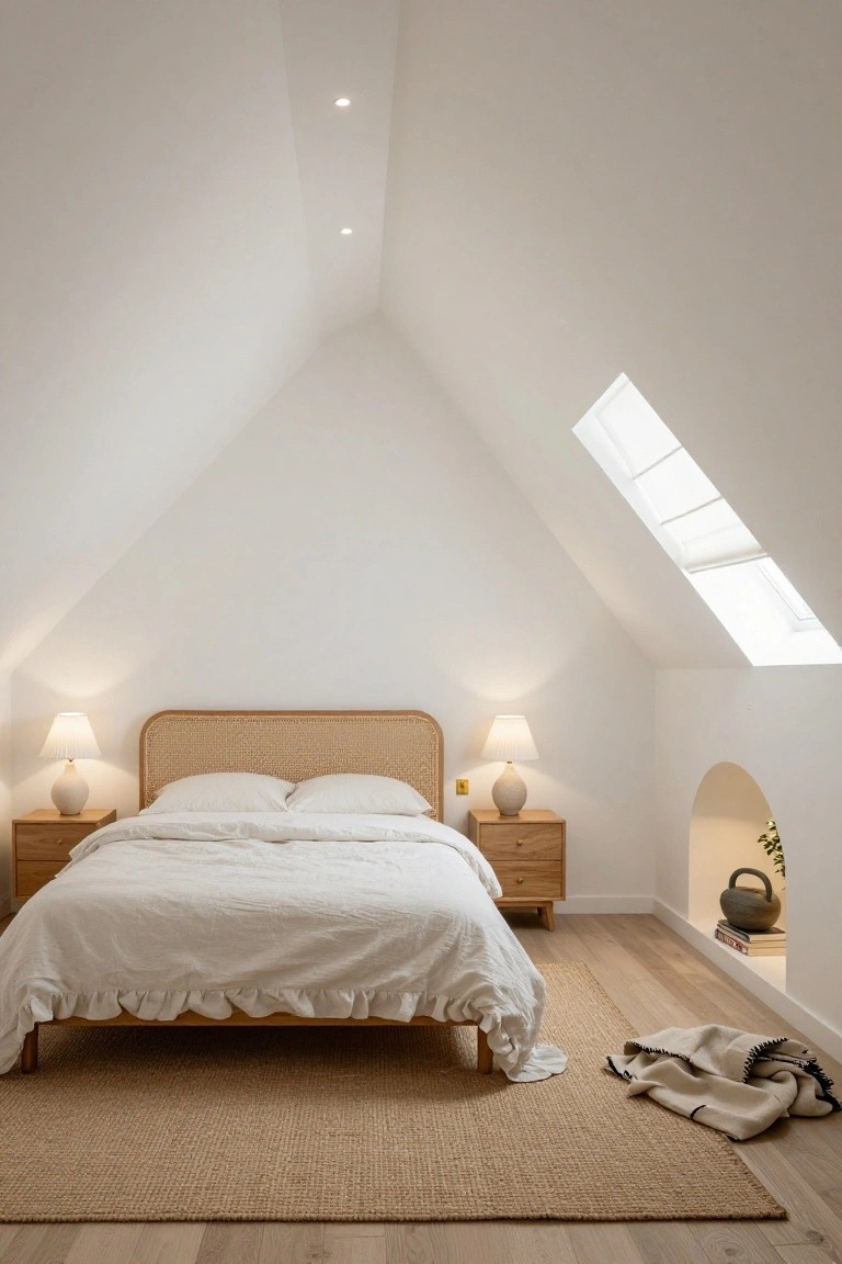 White bedroom with vaulted ceiling and recessed downlights, wooden bed frame with rattan headboard and white linens, matching nightstands with ceramic lamps, arched wall niche holding plants and pottery, seagrass rug on light oak floors