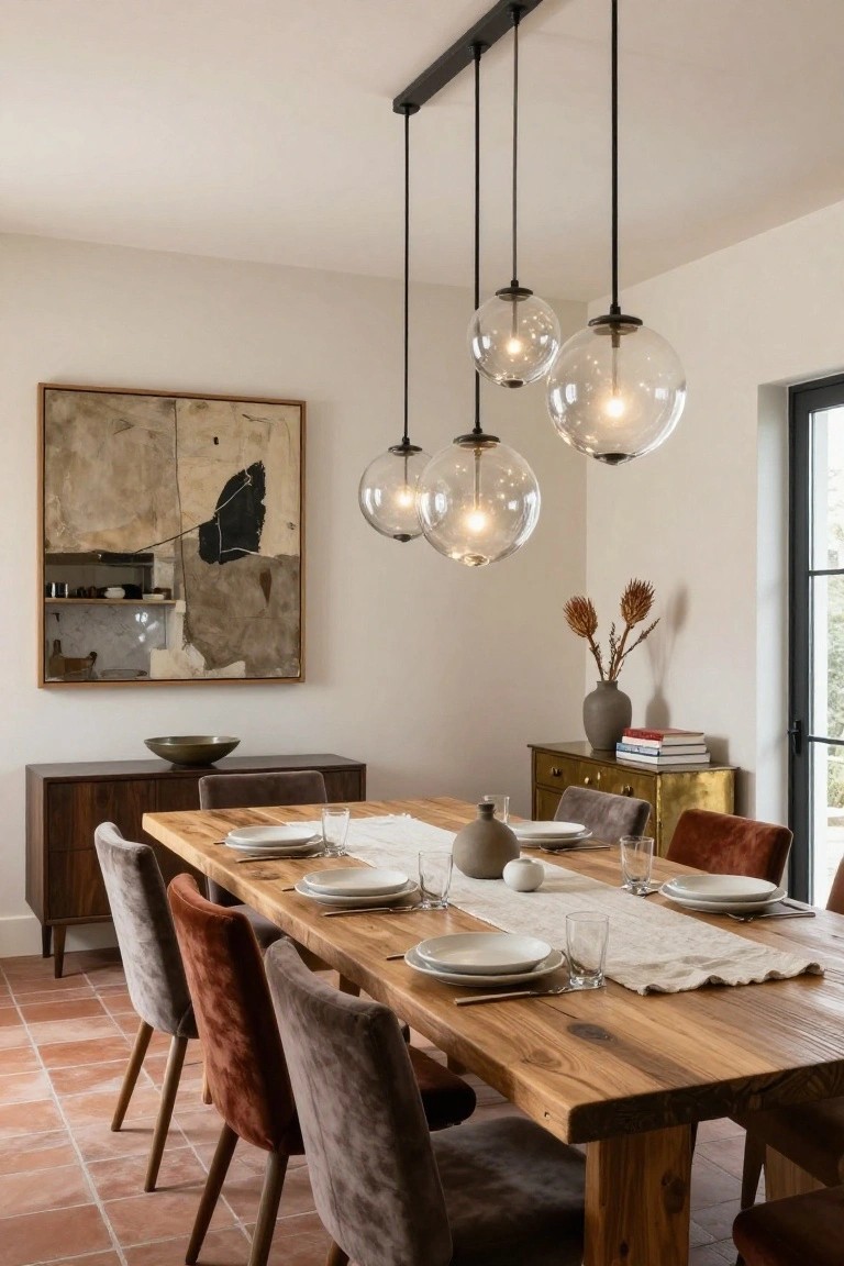 Dining room featuring a long wooden table with upholstered chairs, a white runner, place settings, and four clear glass globe pendant lights suspended from a black linear bar overhead, next to a credenza and abstract artwork on a white wall with terracotta tile floor.