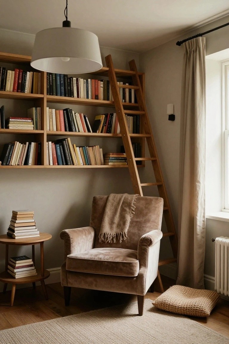 Interior reading corner featuring tall wooden ladder bookshelves filled with books, a beige velvet armchair with throw, wooden side table stacked with books, large white drum pendant light hanging from the ceiling, neutral walls, window with cream curtains, and hardwood floors.