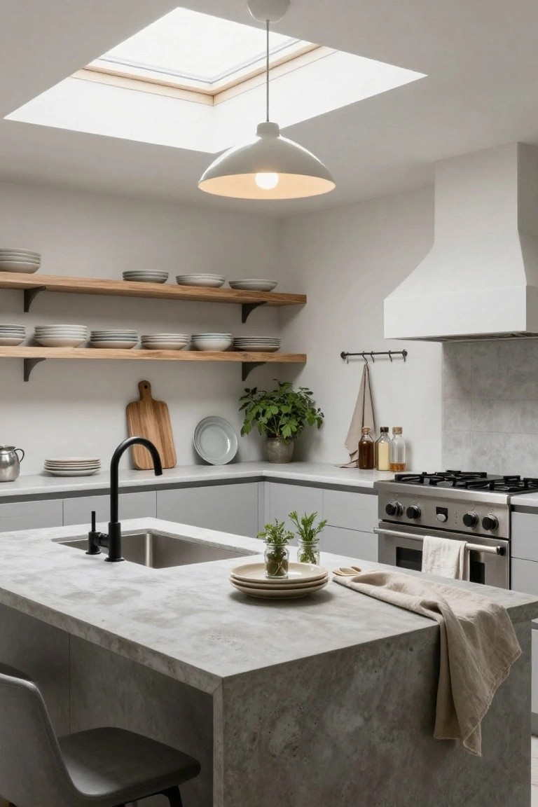 Modern kitchen interior featuring a large skylight in the ceiling, a white pendant light hanging over a gray stone island with bar stool, white cabinets, wooden shelves with stacked plates, black faucet sink, and stainless steel appliances.