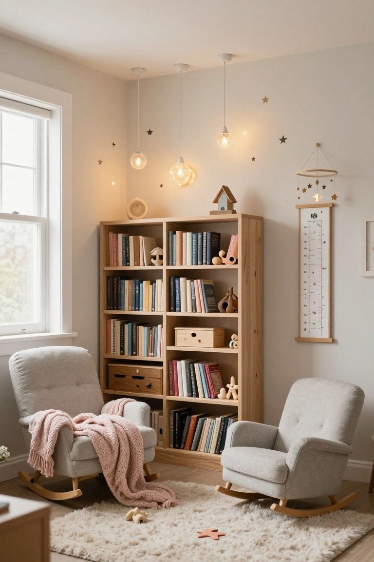 Corner of a light gray nursery with wooden bookshelves stocked with books and toys, two gray rocking chairs on a white fluffy rug, hanging white globe pendant lights, and star motifs on the walls.