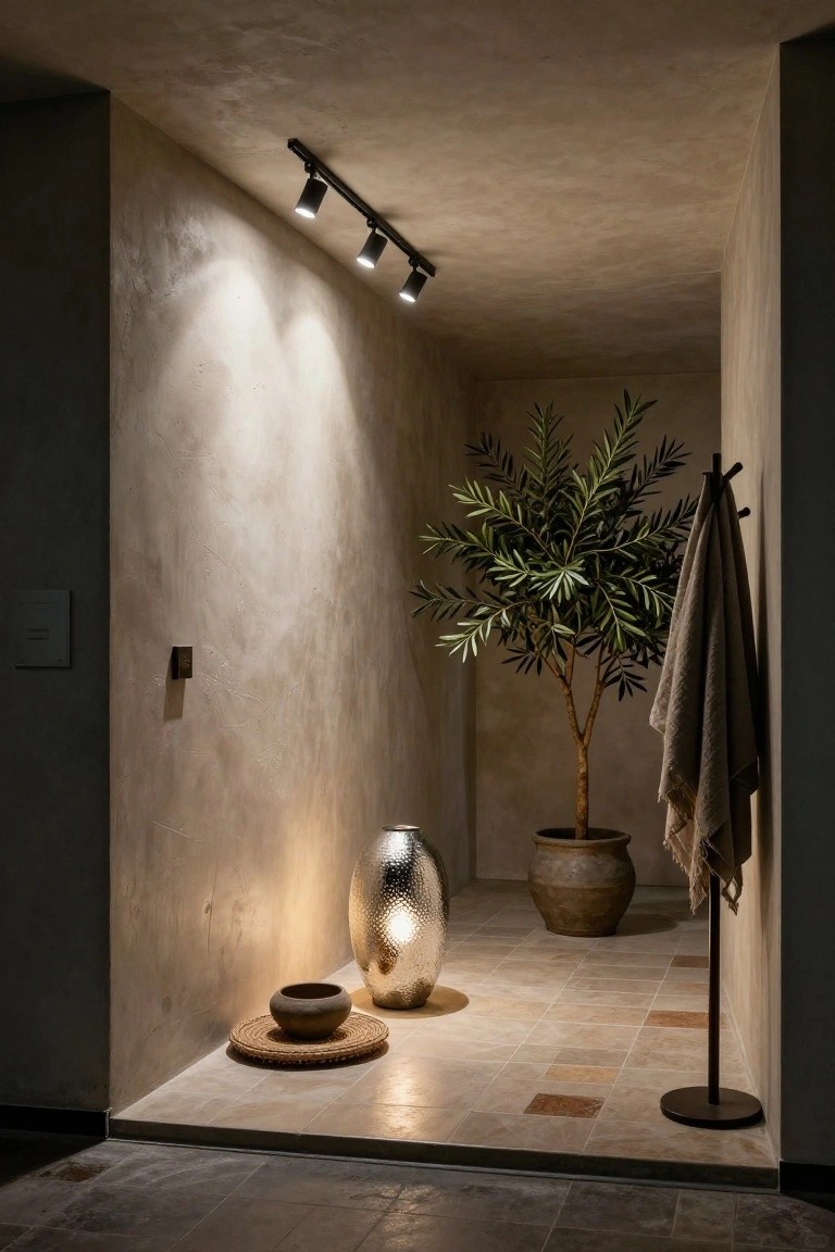Narrow interior space with beige textured plaster walls, black ceiling-mounted track rail with four directional spotlights, potted olive tree next to wooden towel rack with draped linen towel, hammered silver vase and small clay bowl on woven mat atop terracotta tile floor.