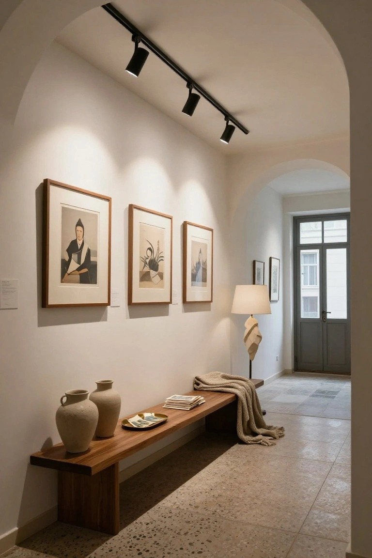 Arched white hallway with black track lighting and spotlights illuminating three framed artworks on the wall, wooden bench with beige vases and books, floor lamp, and green double doors at the end.