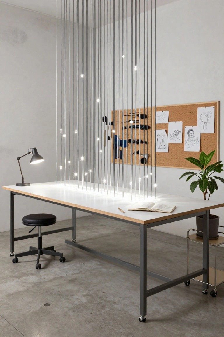 Modern interior room with white walls, a wooden desk holding an open book and desk lamp, black stool, corkboard with sketches and tools, potted plant, and multiple vertical silver rods with glowing lights hanging from the high ceiling.