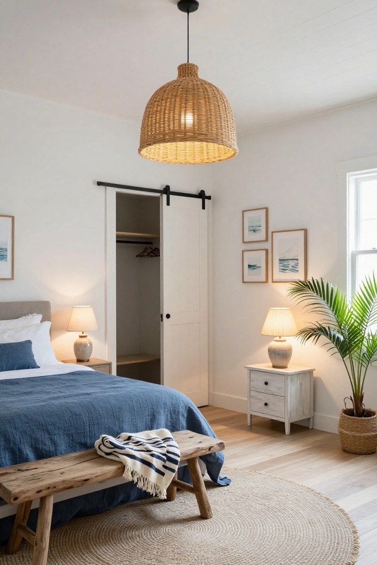Bedroom with blue bed, woven pendant light hanging from high white ceiling, two bedside tables with ceramic lamps, open white wardrobe door, framed ocean art, potted palm plant, wooden bench at bed foot, and round jute rug on light wood floor.