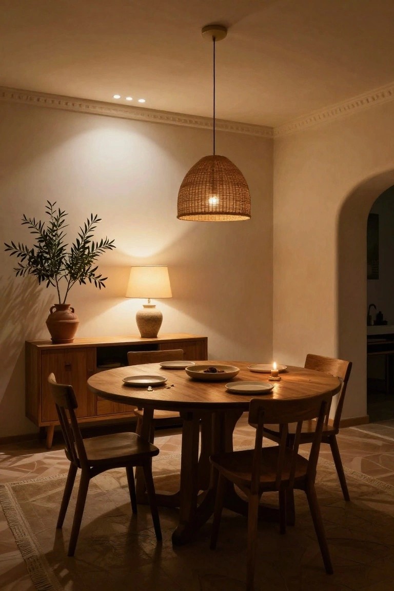 Interior dining area featuring a round wooden table with plates and a candle, under a hanging woven rattan pendant light, next to a wooden sideboard with a potted olive tree and ceramic lamp, on a tiled floor with an arched doorway nearby.