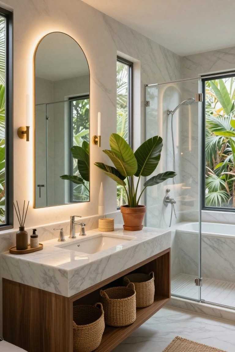 Bathroom with white marble vanity topped by arched mirror with LED edge lighting, flanked by gold sconces, large potted plant, reed diffuser, and glass shower enclosure next to windows showing tropical greenery.