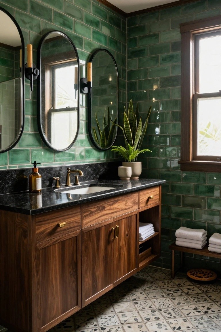 Bathroom vanity featuring walnut wood cabinetry with black marble countertop and white sink, flanked by two arched black-framed mirrors with black sconces holding bamboo candles, green glossy subway tile walls, potted plants, towels on a bench, and patterned floor tiles.