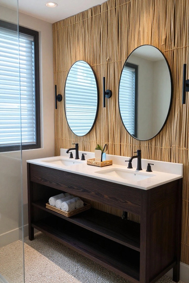 Bathroom vanity with dark wood double sink cabinet, two white undermount sinks, two large oval black-framed mirrors mounted on a vertical bamboo wall panel, black sconces beside the mirrors, rolled white towels in a basket on lower shelf, and pebble floor tile.