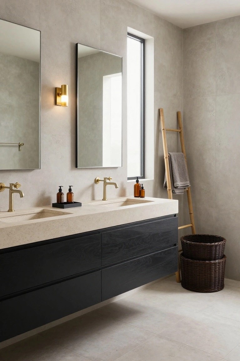 Contemporary bathroom interior with floating black vanity, two integrated beige stone sinks, gold faucets, frameless mirrors, brass wall sconce, bamboo towel ladder, and stacked rattan baskets against light beige walls and floor.
