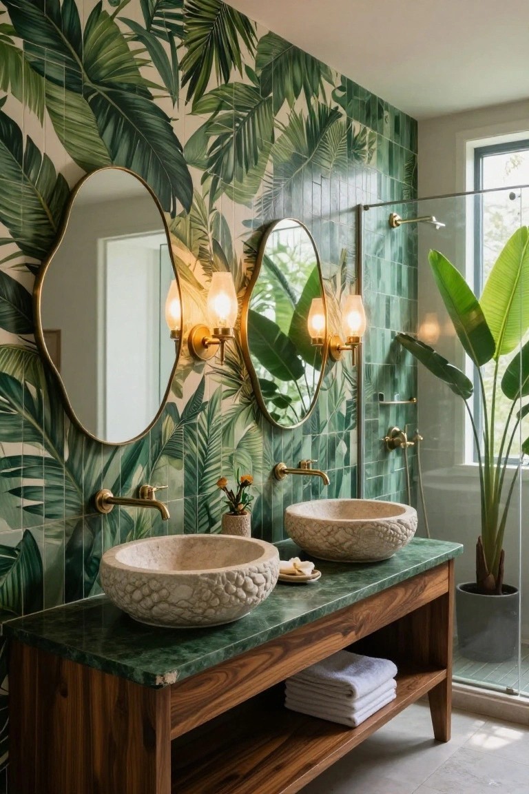 Bathroom vanity with two textured stone sinks on green marble-topped wooden cabinet, flanked by large curved brass mirrors with paired wall sconces, green palm leaf patterned wall tiles, brass faucets, potted plants, and glass shower enclosure.