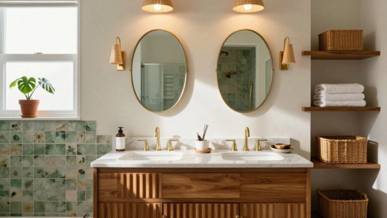 Bathroom with mint green subway tiles, floating wooden double vanity with two white sinks and gold faucets, two large oval gold-framed mirrors with sconces and small rattan shades, two larger rattan pendant lights hanging above, monstera plants near window, and patterned floor tiles.