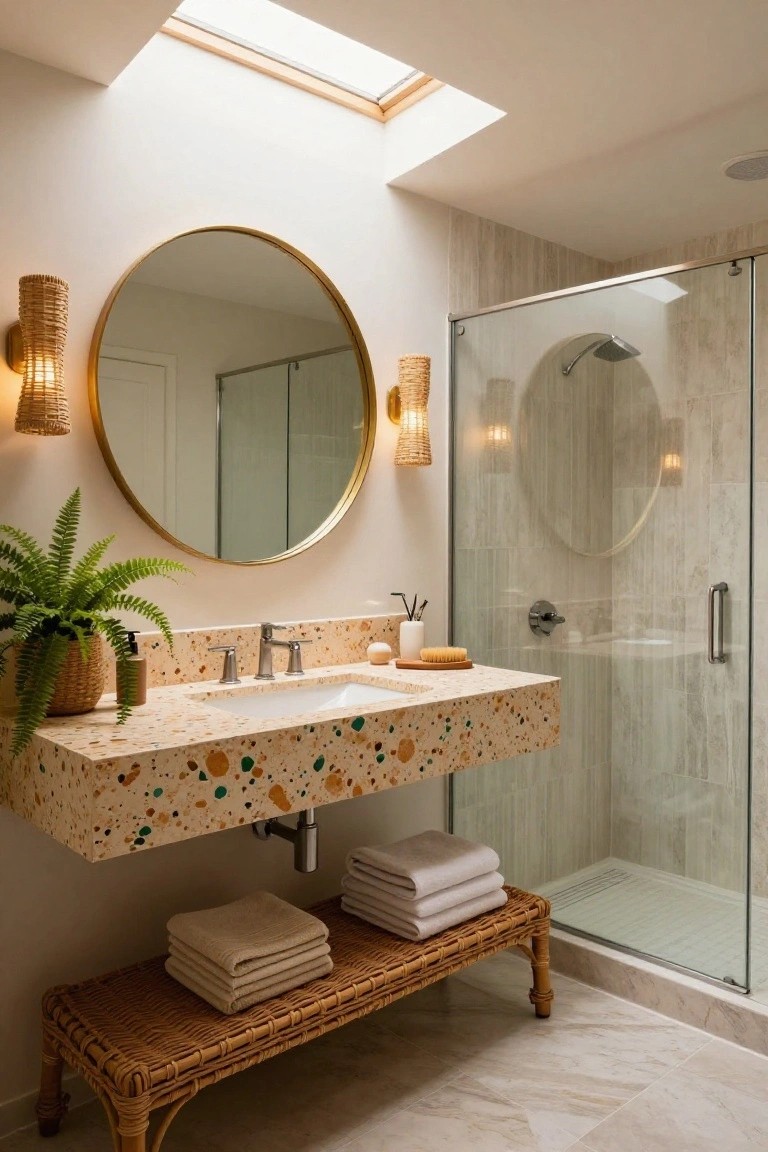 Bathroom with large gold round mirror flanked by rattan wall sconces, floating terrazzo vanity, potted fern, glass shower enclosure with wood-look tile walls, and wicker bench stacked with towels under skylight.