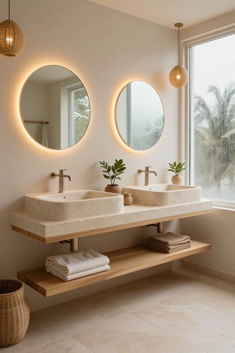 Modern bathroom with floating double vanity in beige stone, two round mirrors with LED backlighting, brass faucets, potted plants, folded towels on wooden shelves below, rattan pendant lights, and large window showing rainy palm trees outside.