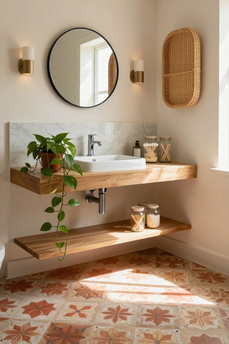 Bathroom corner showing floating wooden vanity with white sink, chrome faucet, marble backsplash, round black mirror flanked by two brass sconces with white shades, potted trailing plant, glass jars on shelf below, wicker wall basket, and terracotta star-patterned floor tiles.