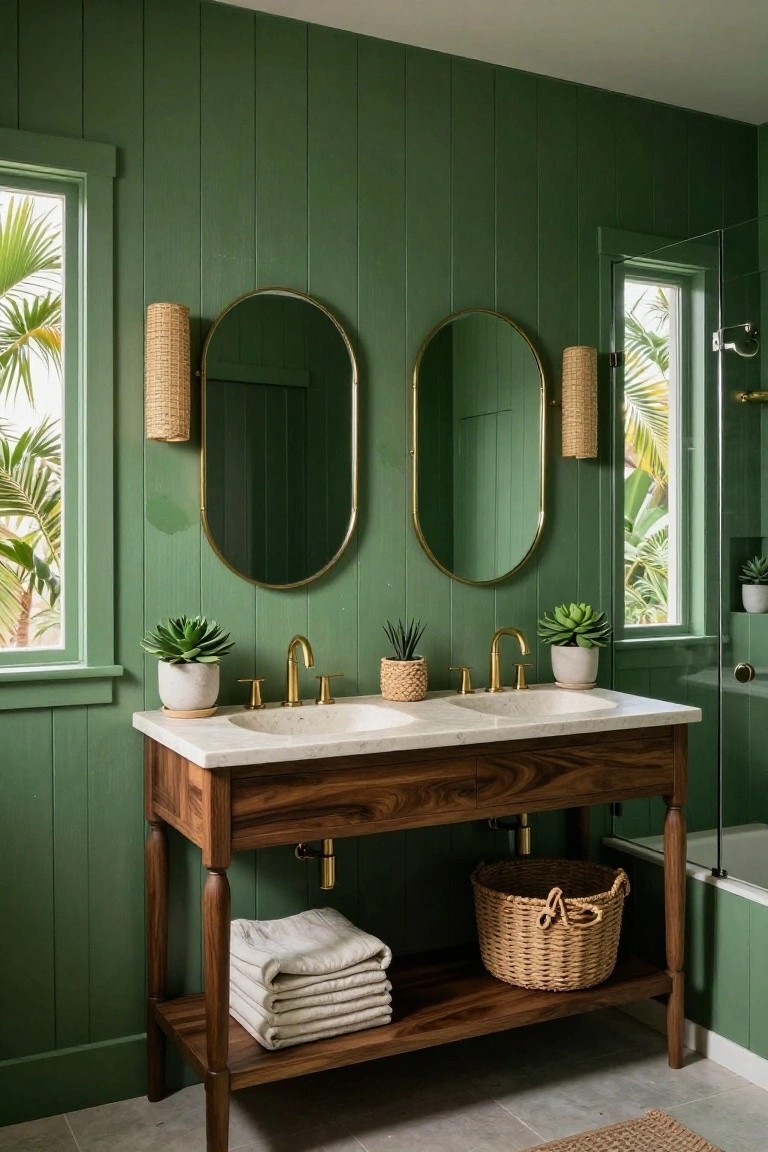 Green shiplap-walled bathroom with double marble sinks on wood vanity, flanked by two large oval gold-framed mirrors with woven sconces, potted succulents, stacked towels, woven basket, and glass shower enclosure with palm views through windows.