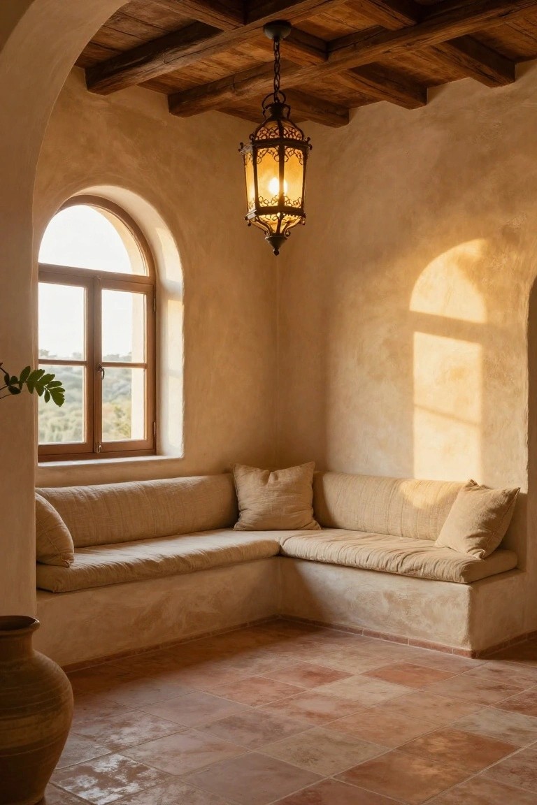 Cozy interior nook featuring exposed wooden beam ceiling with a hanging wrought-iron lantern light, arched window with wooden frames overlooking hills, built-in beige bench seating, terracotta tile floor, and a large terracotta pot.