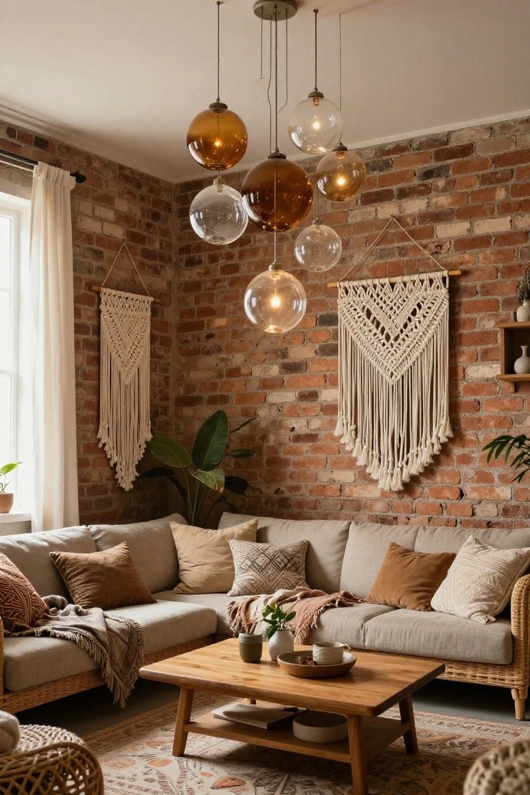 Living room corner with exposed brick walls, two white macrame wall hangings, a large green plant, beige L-shaped sofa with assorted pillows and throws, wooden coffee table with dishes and mug, rattan chairs, patterned rug, and a ceiling cluster of clear and amber glass globe pendant lights.