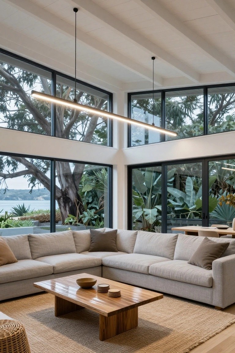 Modern living room interior with white beamed ceiling, two long horizontal linear pendant lights, gray L-shaped sofa, wooden coffee table, seagrass rug, and large black-framed windows overlooking trees, plants, and a body of water.