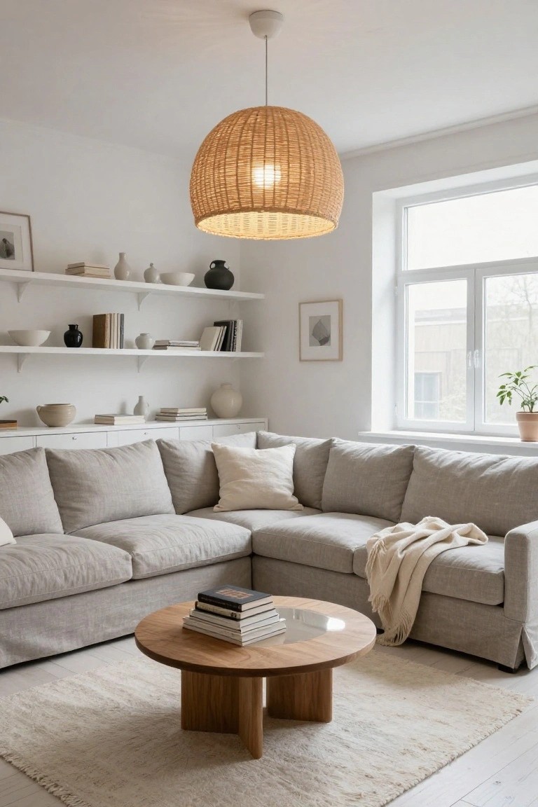 Bright modern living room with beige sectional, round wooden coffee table, and woven pendant light.