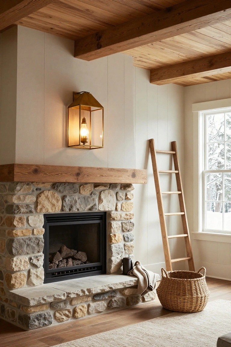Living room with exposed wooden ceiling beams, stone fireplace with gas logs burning, wooden mantel, leaning wooden ladder, woven basket on floor, wall-mounted brass lantern light, pale shiplap walls, window showing snowy outdoors, and beige rug.