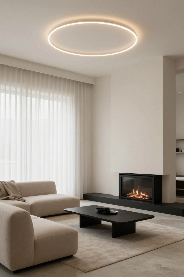 A minimalist living room with a large circular LED ring light on the ceiling above beige L-shaped sofas, a black rectangular coffee table, a built-in black gas fireplace, sheer curtains on tall windows, and light gray flooring.