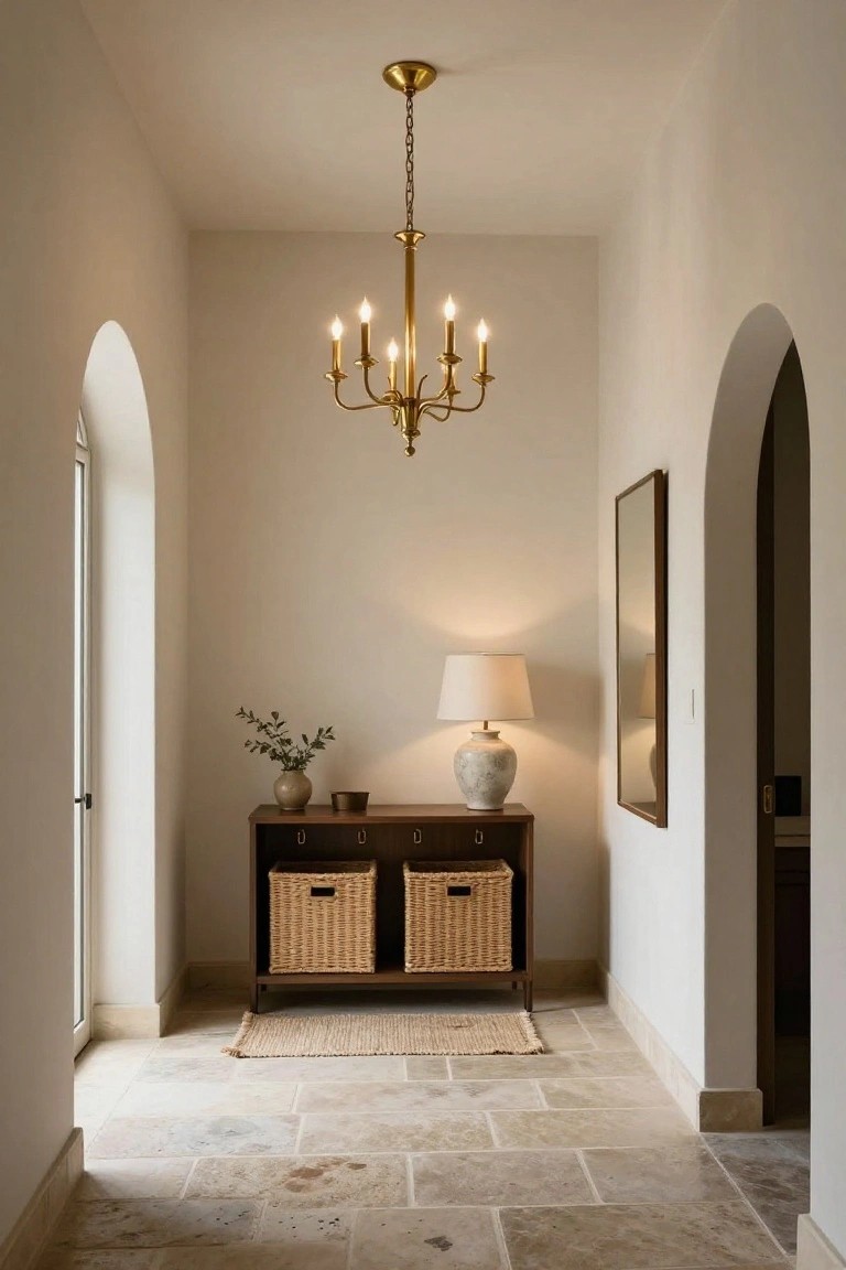 Narrow beige hallway with arched doorways, brass five-arm chandelier hanging from ceiling, wooden console table holding lamp, vase, baskets, seagrass rug, and travertine tile floor.