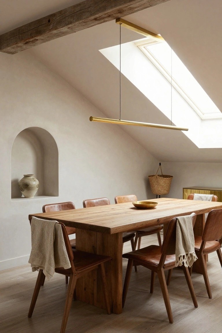 Dining room in a sloped-ceiling space with wooden table, leather chairs draped in linens, long horizontal gold pendant light, skylight, arched wall niche holding a ceramic vase, beige walls, light wood floor.