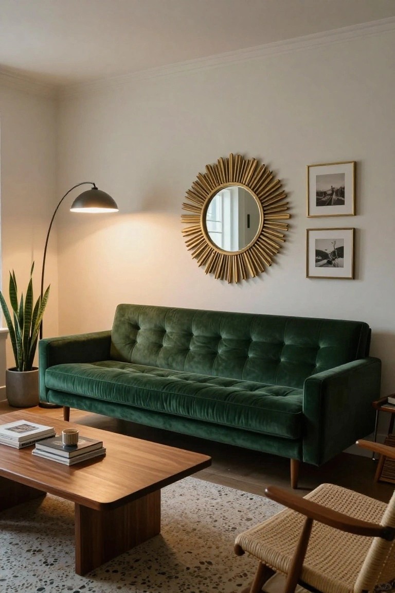 Living room featuring a green velvet tufted sofa, wooden coffee table with books and mug, tall arc floor lamp, gold sunburst mirror, two framed photos, potted snake plant, and woven chair on a speckled rug.